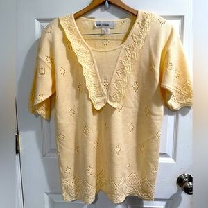 VTG Sarah Richards Plus Butter Yellow Knit Sweater Romantic Lace Cottagecore